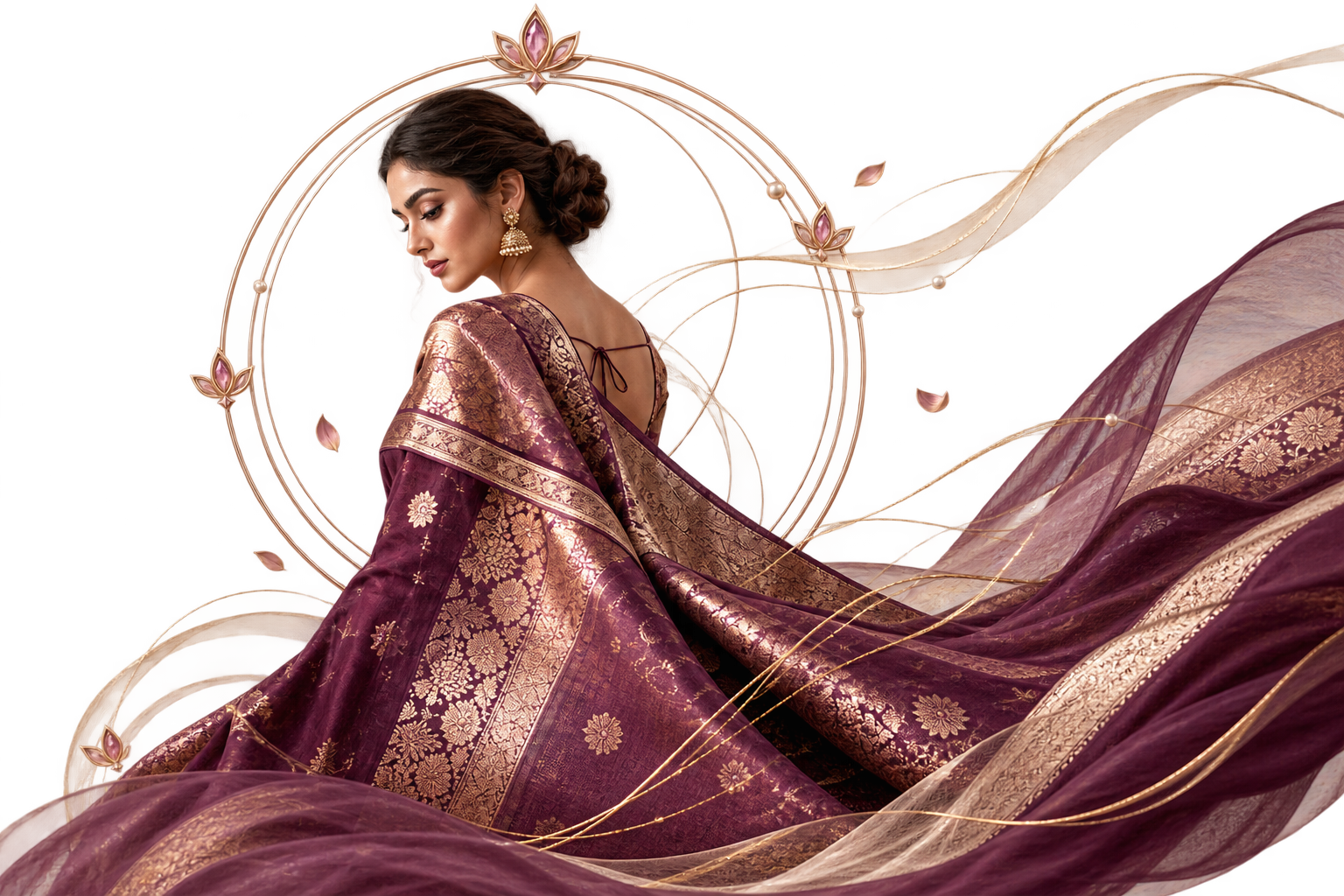 A woman draped in a deep plum Banarasi silk saree with antique-gold zari weaving, framed by gold thread rings and lotus motifs