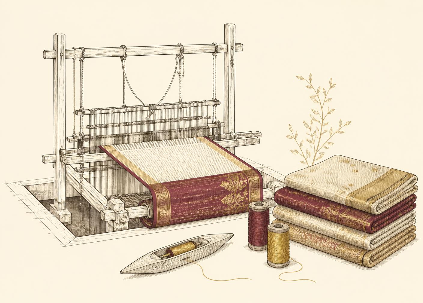 Illustration of a traditional Indian handloom with a half-woven saree, shuttle, silk spools and a folded stack of sarees